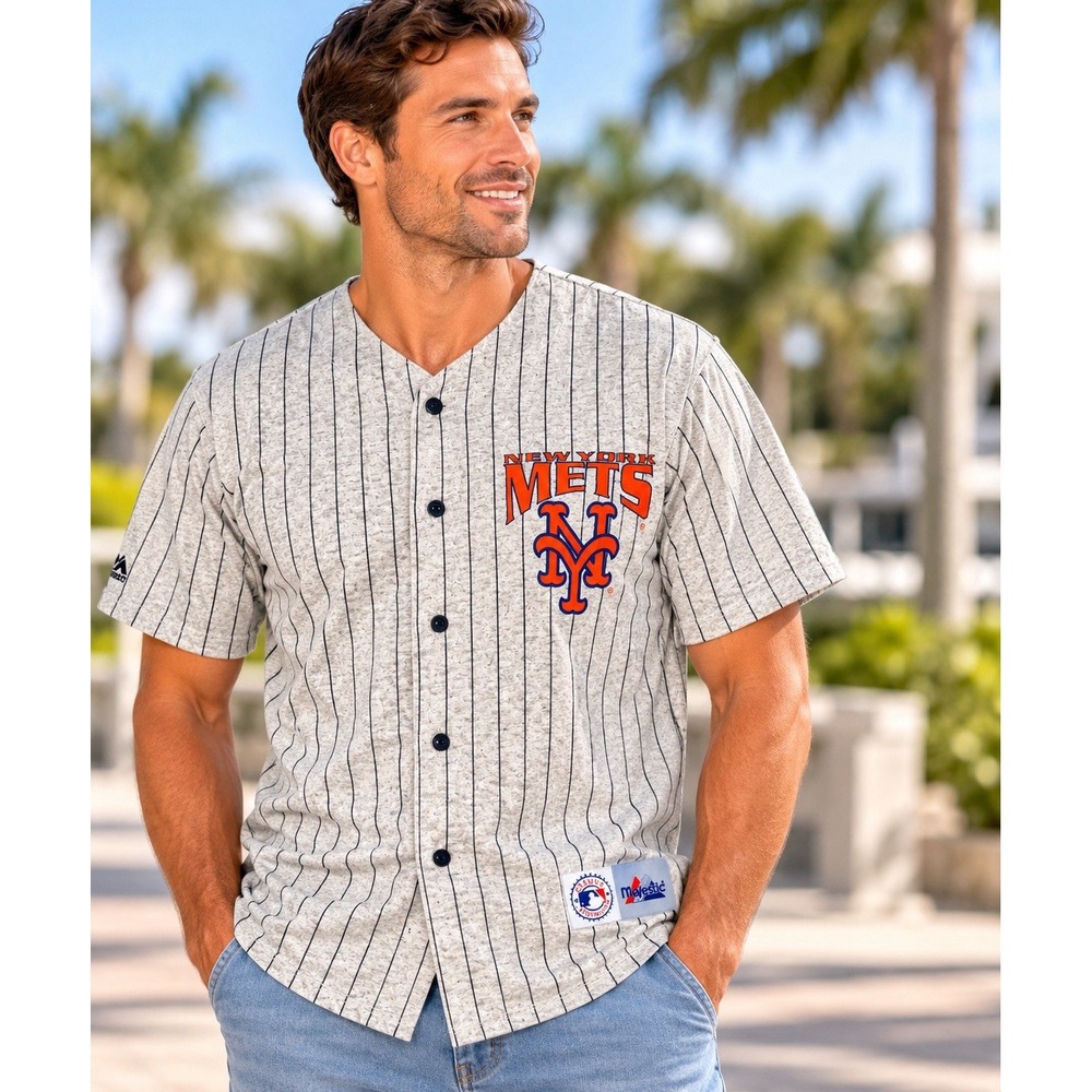 Vintage Majestic New York Mets Jersey Mens L Gray Pinstripe MLB Made in USA